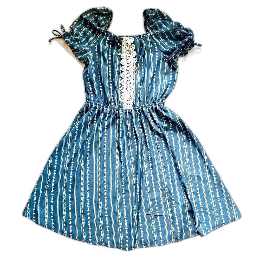Lily Bleu Women’s Girls Blue Striped Lightweight Summer Dress Floral Lace Detail